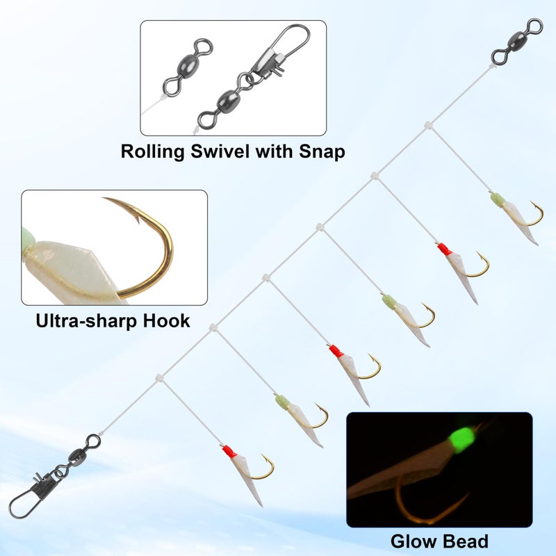 OROOTL Fishing Bait Rigs Saltwater, 6 Packs Surf Fishing Rigs with Sharp Hooks Fish Skin Feather Swivel Snap Glow Saltwater Lures Sea Bass Cod Herring Hook Rig Size 4 6 8 - Image 2